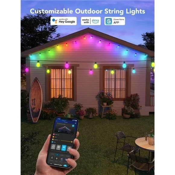 Outdoor String Lights H7021, RGBIC Warm White 96ft (2 Ropes of 48ft) LED Bulbs